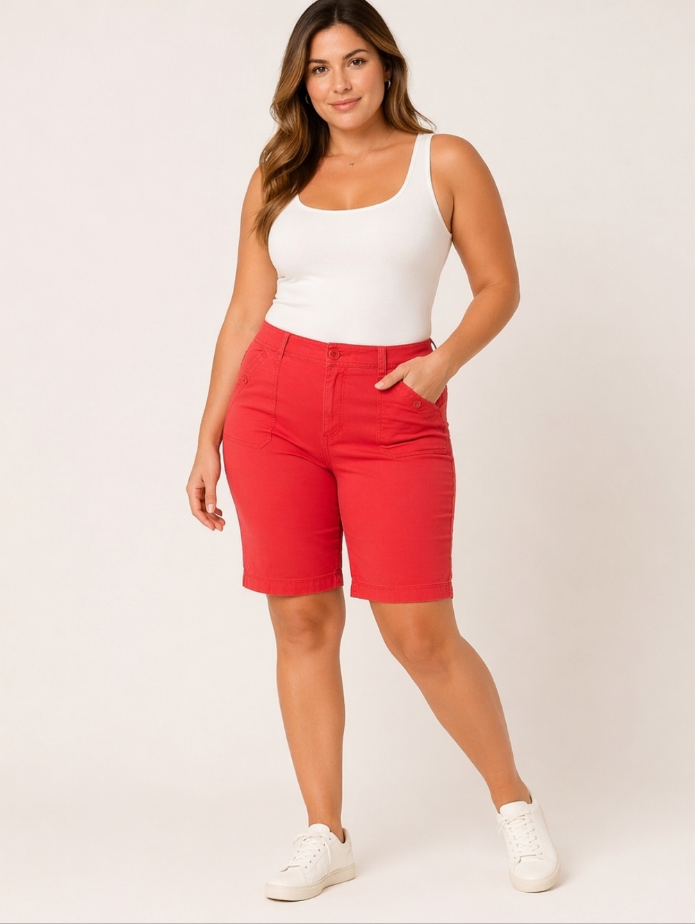 Dockers Mid Rise Curvy Bermuda Shorts Womens Size 14 Coral Cotton Stretch Pocket